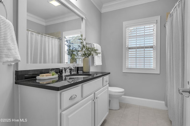 bathroom featuring crown molding, vanity, toilet, and tile patterned flooring