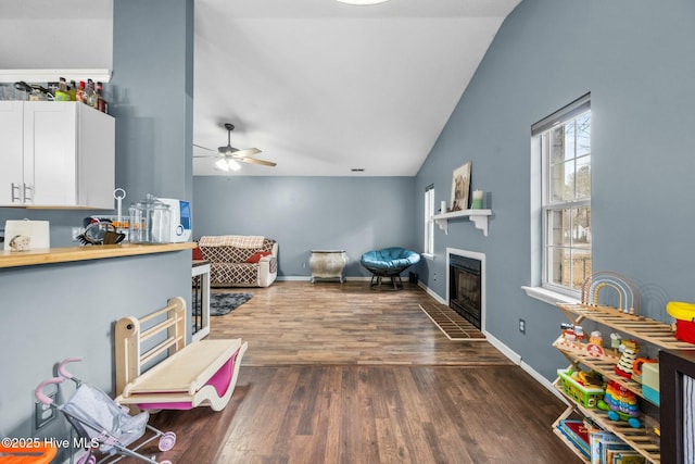 living room featuring wood-type flooring, vaulted ceiling, and ceiling fan