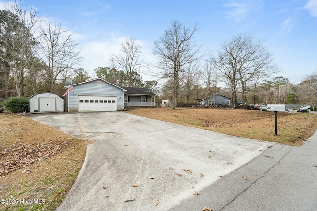 ranch-style home with a storage unit