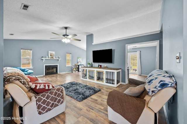 living room with plenty of natural light, vaulted ceiling, wood-type flooring, and a textured ceiling