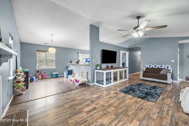 living room with ceiling fan, lofted ceiling, hardwood / wood-style floors, and a textured ceiling