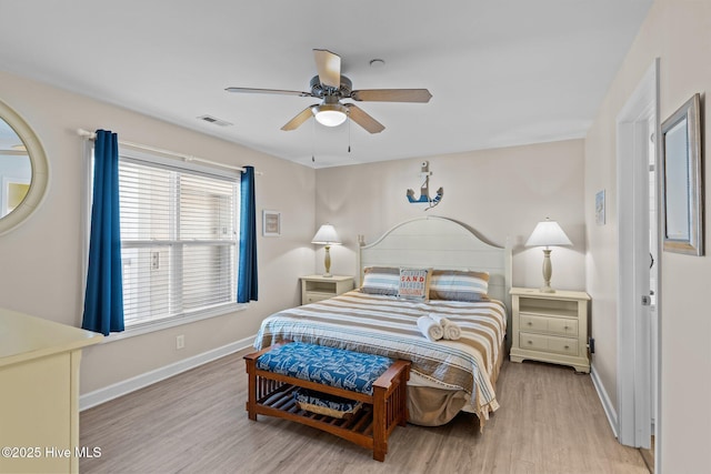 bedroom featuring ceiling fan and light hardwood / wood-style floors