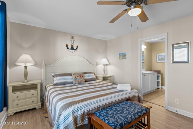 bedroom featuring ensuite bathroom, ceiling fan, and light hardwood / wood-style flooring