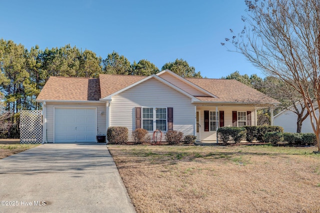 single story home featuring a garage and a front yard