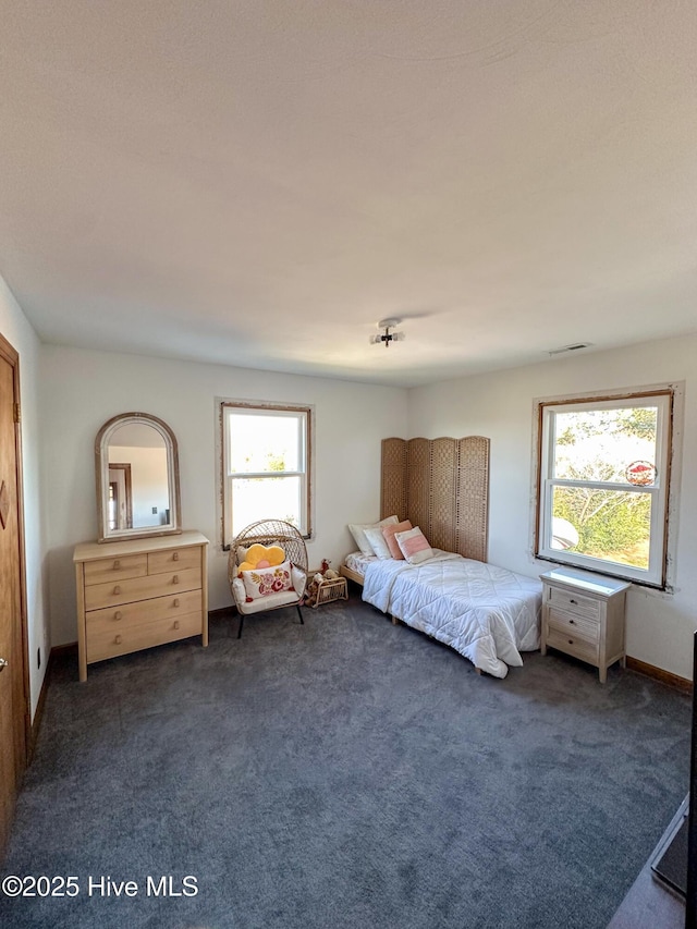 bedroom featuring multiple windows and dark carpet