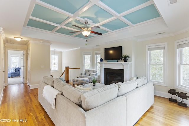 living room featuring ornamental molding, coffered ceiling, light hardwood / wood-style flooring, and a wealth of natural light