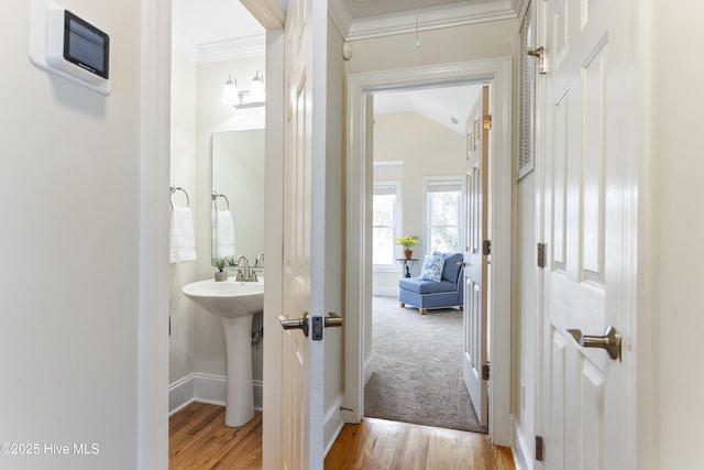 corridor with crown molding, lofted ceiling, sink, and light hardwood / wood-style floors