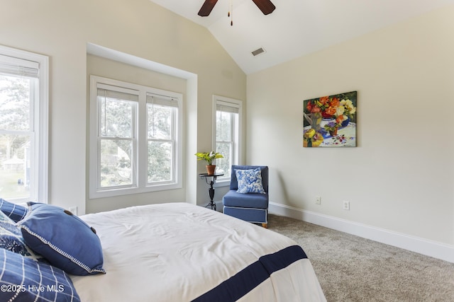 bedroom with carpet, lofted ceiling, and ceiling fan