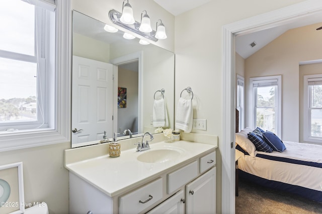 bathroom with vanity and vaulted ceiling