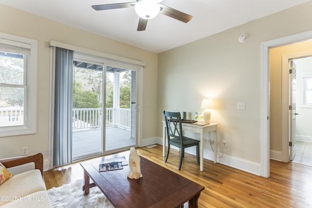 living room with ceiling fan and light wood-type flooring