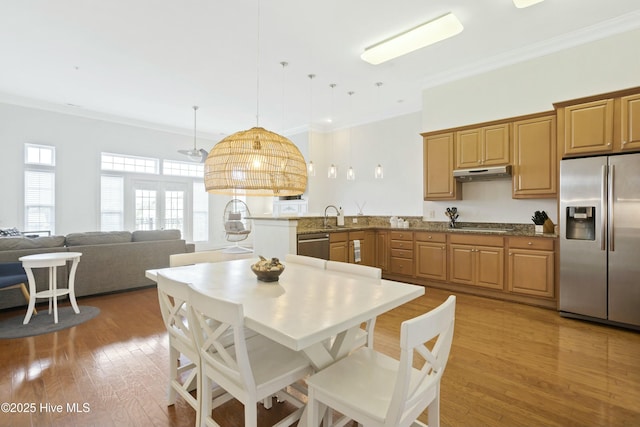 kitchen with sink, crown molding, light hardwood / wood-style flooring, hanging light fixtures, and stainless steel appliances