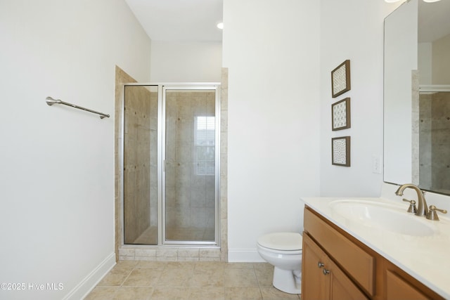 bathroom featuring tile patterned floors, vanity, toilet, and an enclosed shower