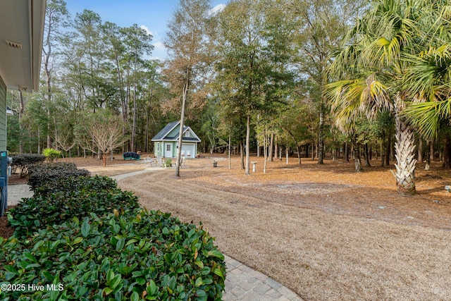 view of yard with an outbuilding and driveway