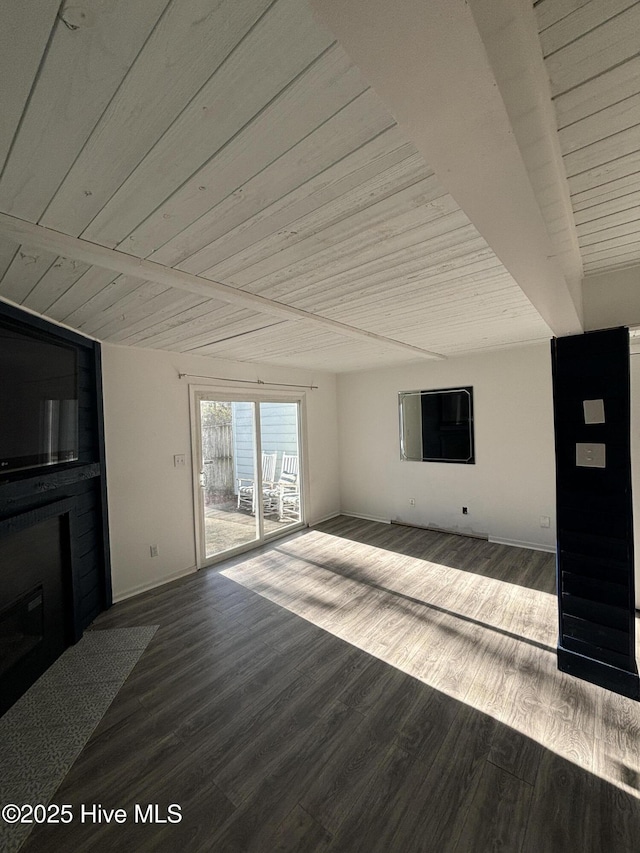 unfurnished living room with wood-type flooring and wooden ceiling