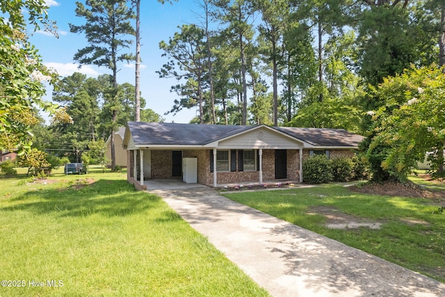 ranch-style home with a porch, a carport, and a front lawn