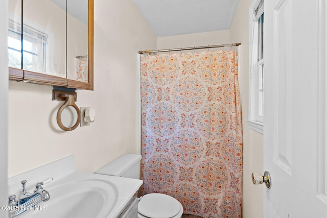 bathroom with vanity, a textured ceiling, toilet, and a shower with shower curtain