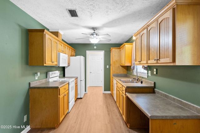 kitchen with sink, white appliances, ceiling fan, a textured ceiling, and light wood-type flooring