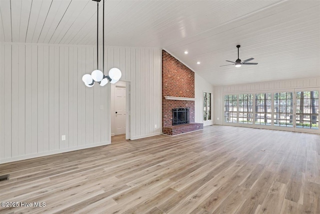 unfurnished living room featuring light wood-style floors, visible vents, a fireplace, and ceiling fan