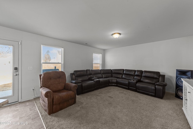 living room with light colored carpet