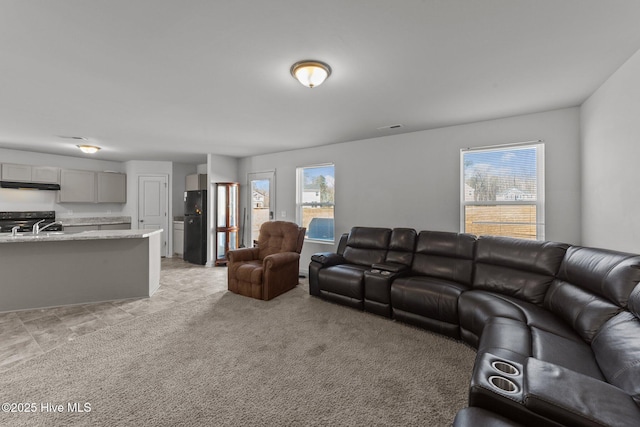 carpeted living room featuring sink