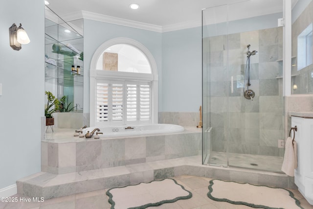 full bath with a shower stall, ornamental molding, a garden tub, and plenty of natural light