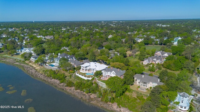 birds eye view of property featuring a water view and a residential view