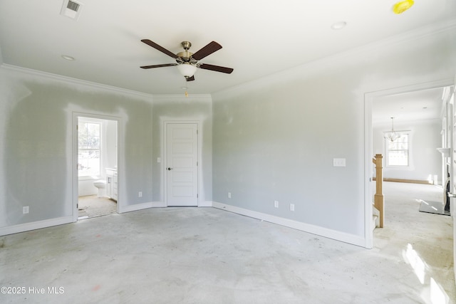 unfurnished room featuring crown molding and ceiling fan with notable chandelier