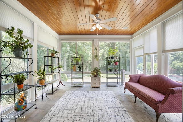 sunroom / solarium featuring wood ceiling and ceiling fan