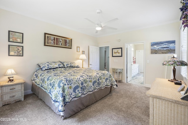 bedroom with crown molding, ceiling fan, connected bathroom, and light colored carpet