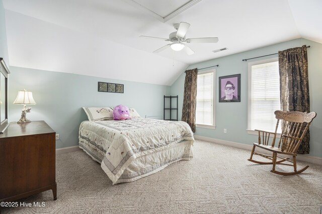 bedroom with lofted ceiling, light carpet, and ceiling fan