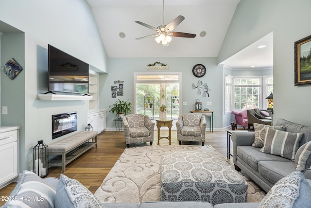 living room featuring dark wood-type flooring, ceiling fan, and a healthy amount of sunlight