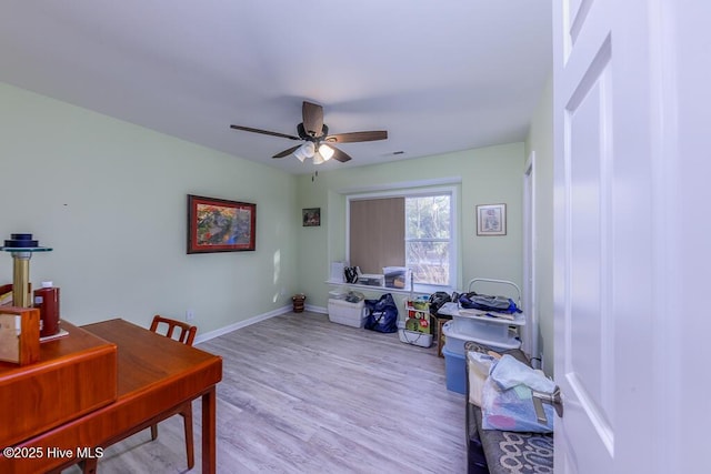 office area featuring ceiling fan and light wood-type flooring