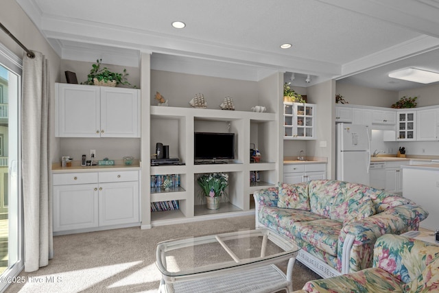 carpeted living room featuring sink