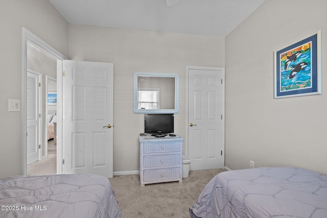 bedroom with light colored carpet