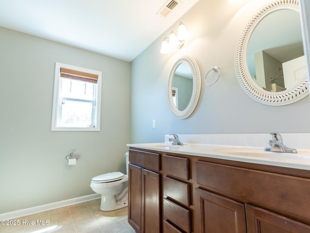 bathroom with visible vents, a sink, baseboards, tile patterned floors, and toilet
