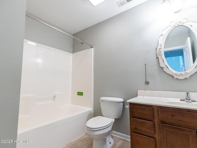 bathroom featuring shower / tub combination, vanity, toilet, tile patterned floors, and visible vents