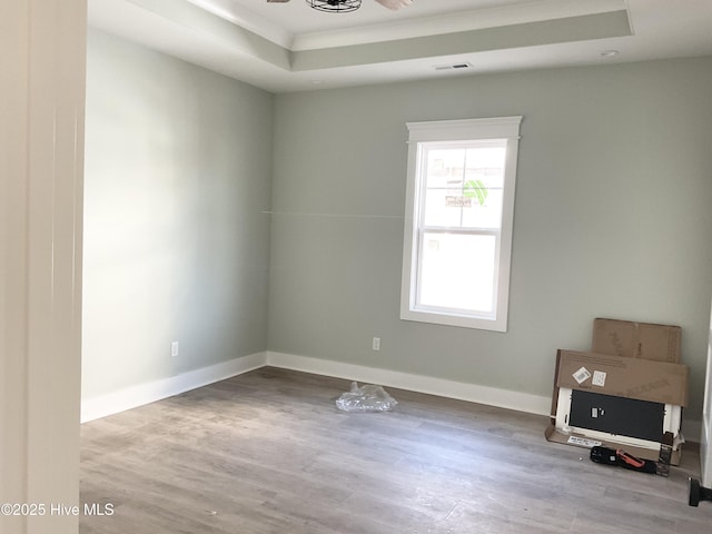 spare room with a raised ceiling, hardwood / wood-style flooring, and ceiling fan