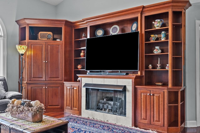 living room with a fireplace