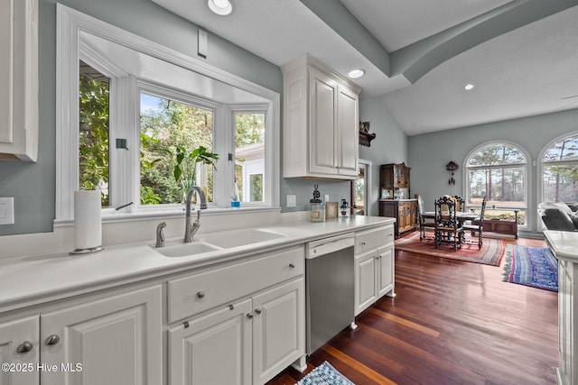 kitchen with white cabinetry, sink, dark hardwood / wood-style floors, and stainless steel dishwasher