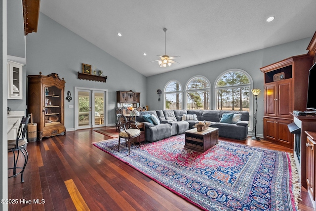 living room with ceiling fan, plenty of natural light, and dark hardwood / wood-style flooring