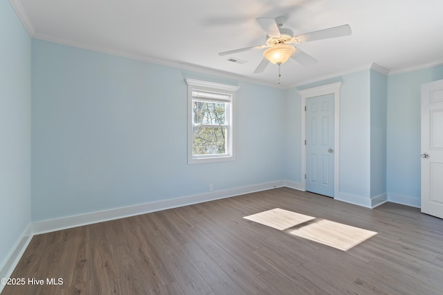 unfurnished bedroom with crown molding, ceiling fan, and wood-type flooring