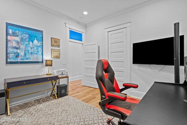 office space featuring crown molding and hardwood / wood-style flooring