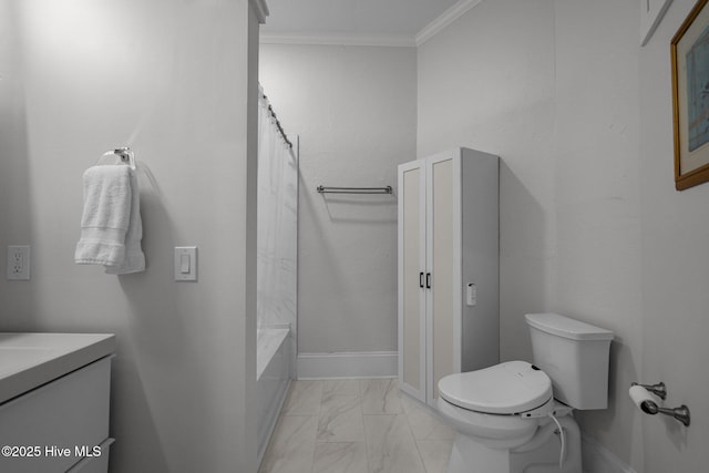 full bathroom featuring ornamental molding, shower / bath combo, vanity, and toilet