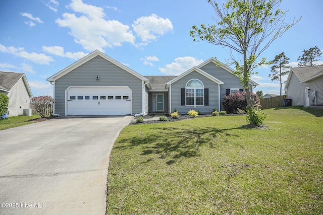 ranch-style house with a garage, central air condition unit, and a front lawn