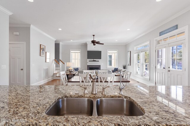 kitchen with a healthy amount of sunlight, ornamental molding, sink, and light stone counters