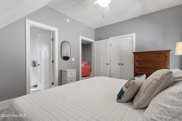 bedroom with ceiling fan and a closet