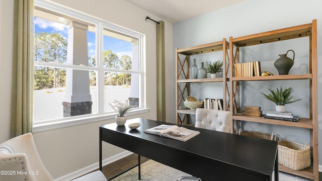 office with hardwood / wood-style flooring and a healthy amount of sunlight