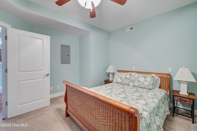 bedroom with light colored carpet, visible vents, ceiling fan, electric panel, and baseboards