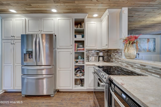 kitchen featuring wood ceiling, white cabinetry, stainless steel appliances, dark hardwood / wood-style floors, and tasteful backsplash