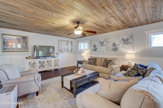 living room featuring hardwood / wood-style floors, wood ceiling, and ceiling fan